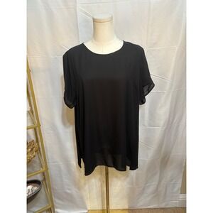 DR2 Black Short Sleeve Keyhole Back Blouse XL Solid Round Neck Top
